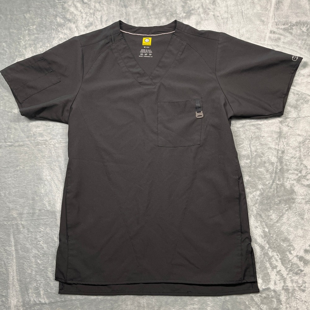 WonderWink W123 Scrub Top Women XS Black V-Neck Modern Fit Pocket Badge Loop